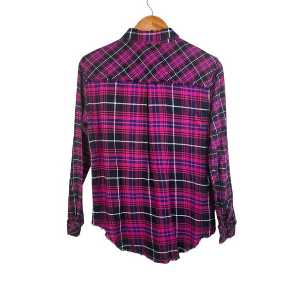 Rails Brock Fuschia Navy Black Plaid Flannel Frayed Long Sleeve Button Up Top - Picture 8 of 15